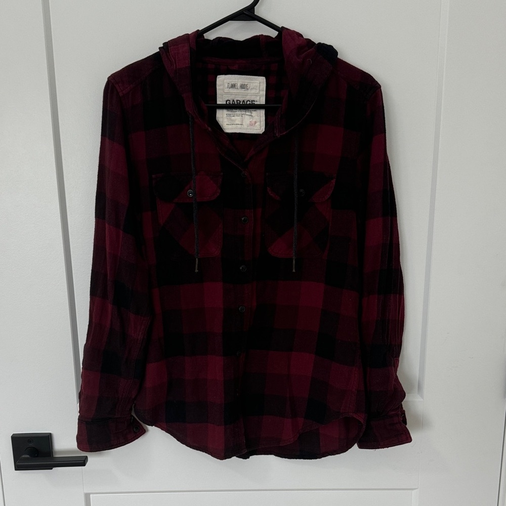 Garage Burgundy and Black Plaid Hooded Button-Up